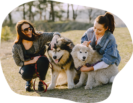 Two women happily hugging their large dogs outdoors